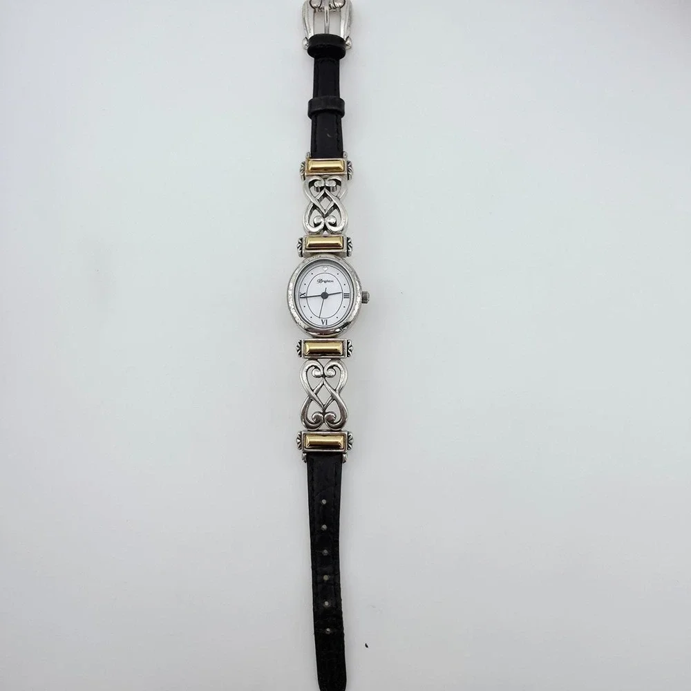 BRIGHTON 'Champagne' Watch Black Leather Band Scrollwork Gold Silver Plate 7.25